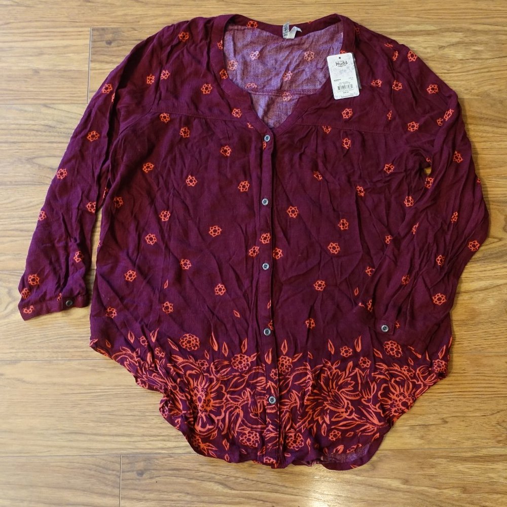 Mudd Burgundy Coral Boho Floral Print Rayon Blouse